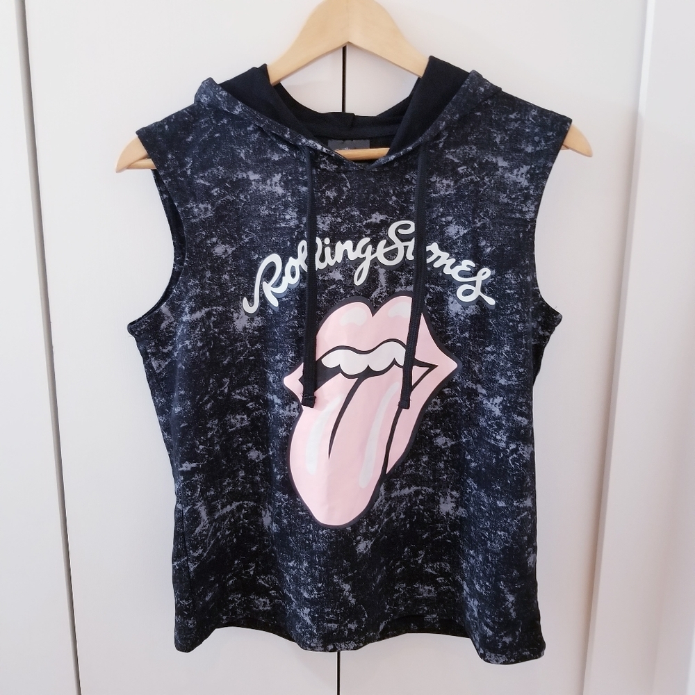 Rolling Stones Pink Tongue Sleeveless Sweater Top Hooded Sweatshirt